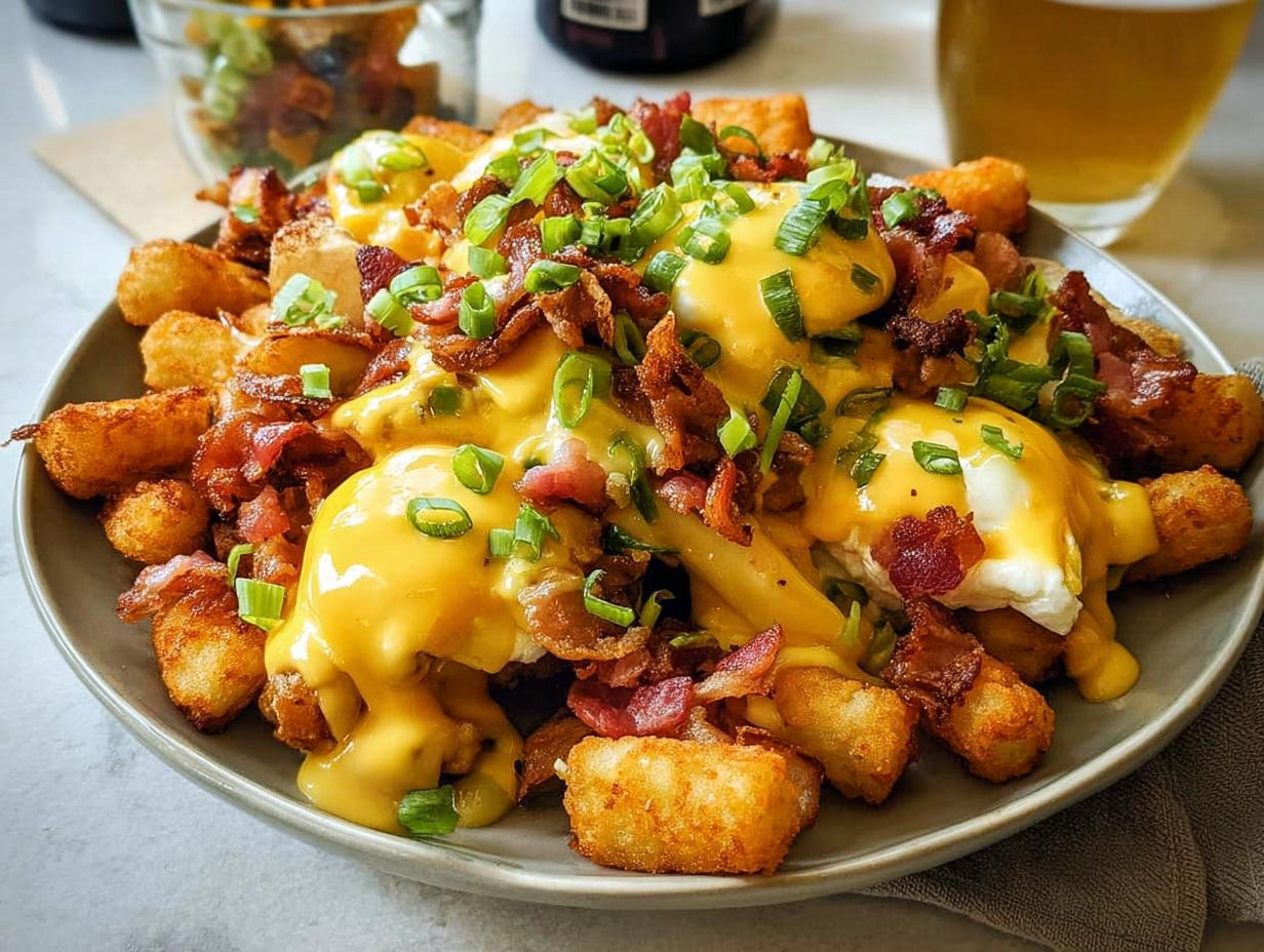 A hearty plate of Breakfast Poutine with Hollandaise Sauce, featuring crispy tater tots, poached eggs, bacon, and green onions.