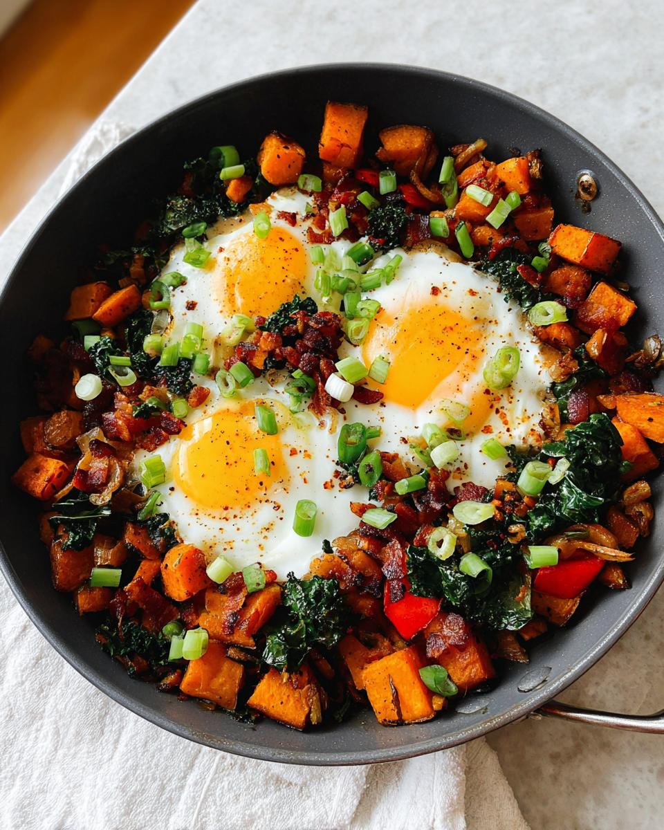 A skillet filled with a hearty BREAKFAST SWEET POTATO hash, topped with fried eggs and green onions.