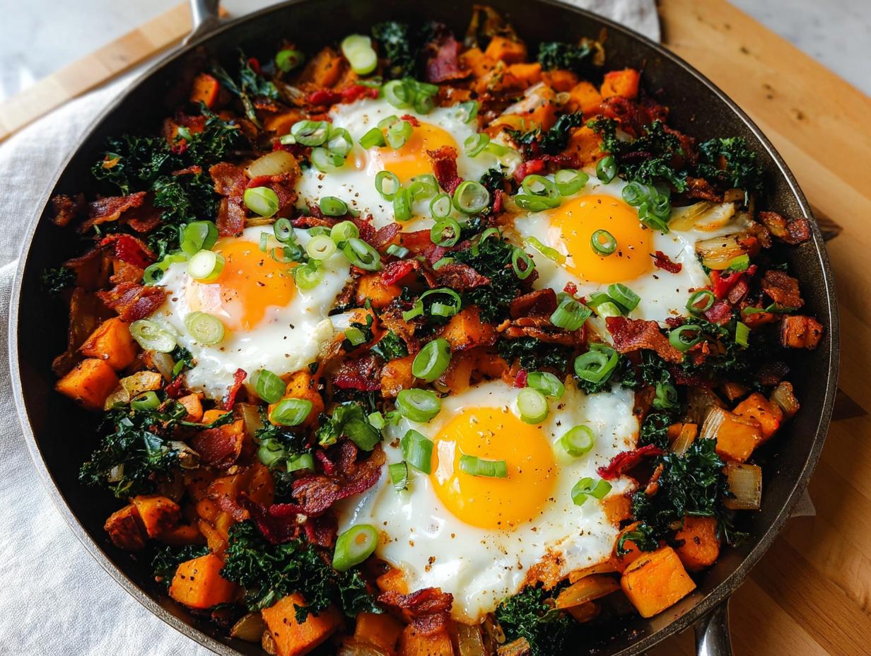 A hearty BREAKFAST SWEET POTATO skillet with fried eggs, crispy bacon, kale, and green onions.