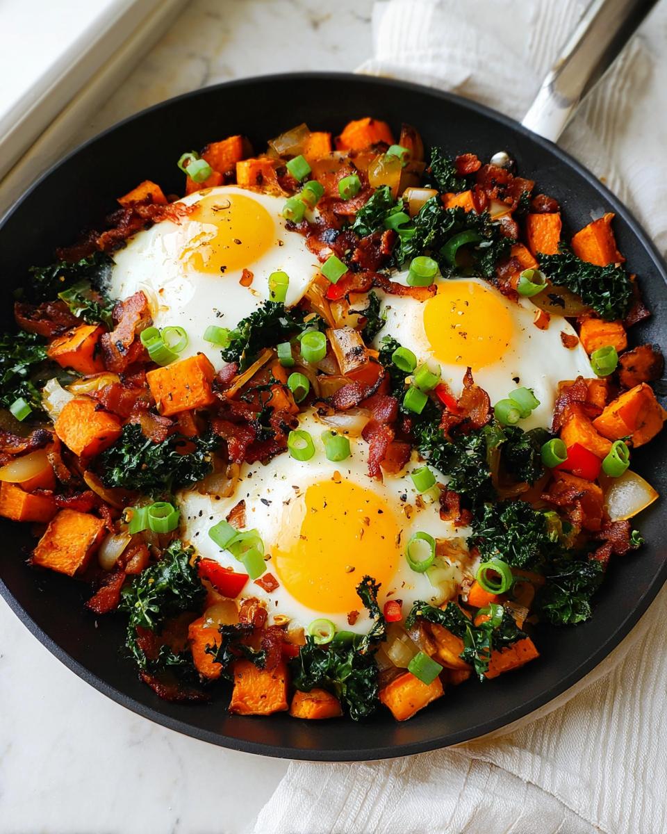 A skillet filled with a colorful BREAKFAST SWEET POTATO hash, topped with fried eggs, kale, bacon, and green onions.