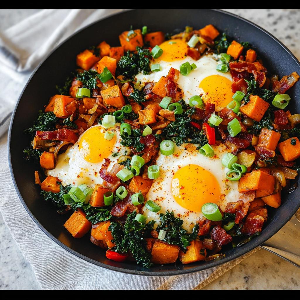 A close-up of a skillet filled with a vibrant BREAKFAST SWEET POTATO hash, topped with fried eggs, bacon, and green onions.