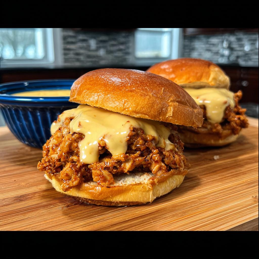 Two delicious Cajun Chicken Sloppy Joes topped with creamy cheese sauce, served with a side of cheese sauce.