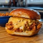 A close-up of a Cajun Chicken Sloppy Joe sandwich overflowing with creamy cheese sauce, served with a side of filling in a blue bowl.