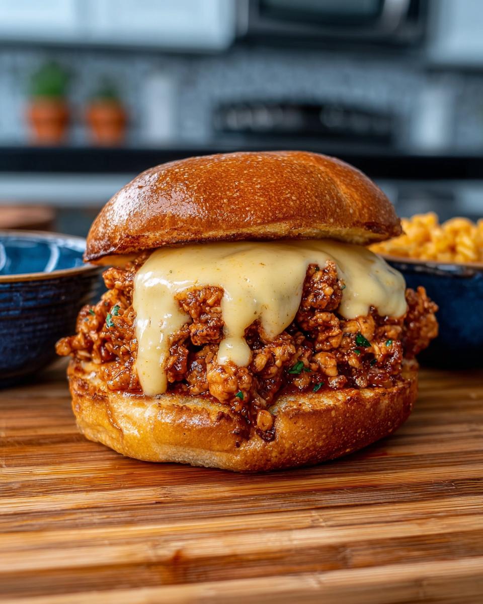 A delicious Cajun Chicken Sloppy Joe sandwich piled high with creamy cheese sauce on a toasted bun.