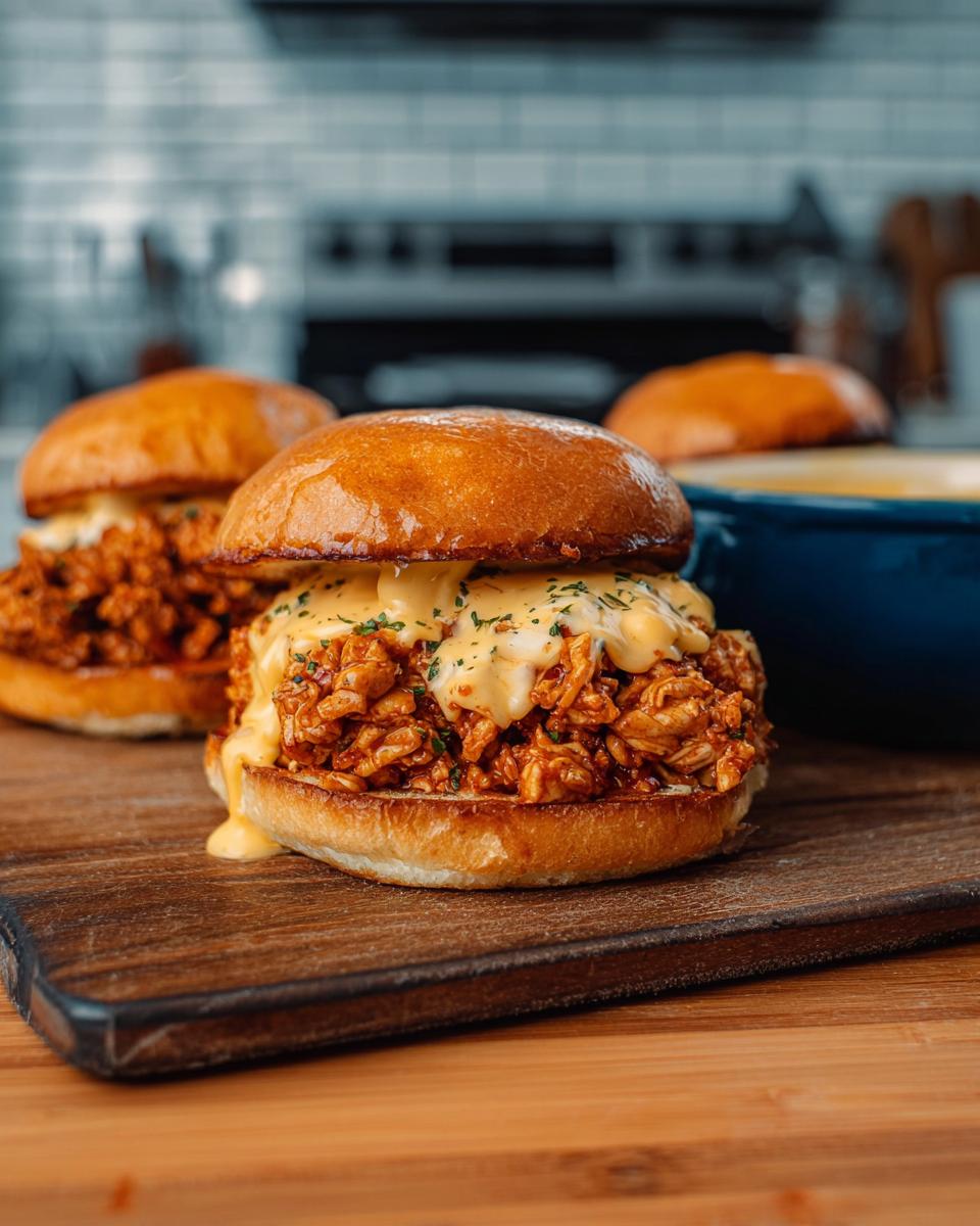 Close-up of a Cajun Chicken Sloppy Joe sandwich topped with creamy cheese sauce and parsley.