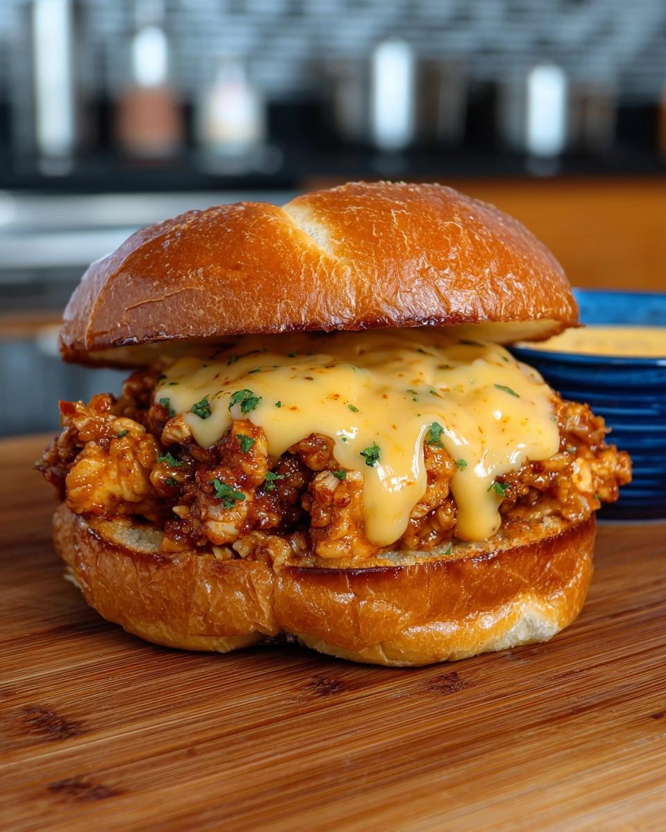 A delicious Cajun Chicken Sloppy Joe sandwich piled high with chicken and topped with melted creamy cheese sauce.