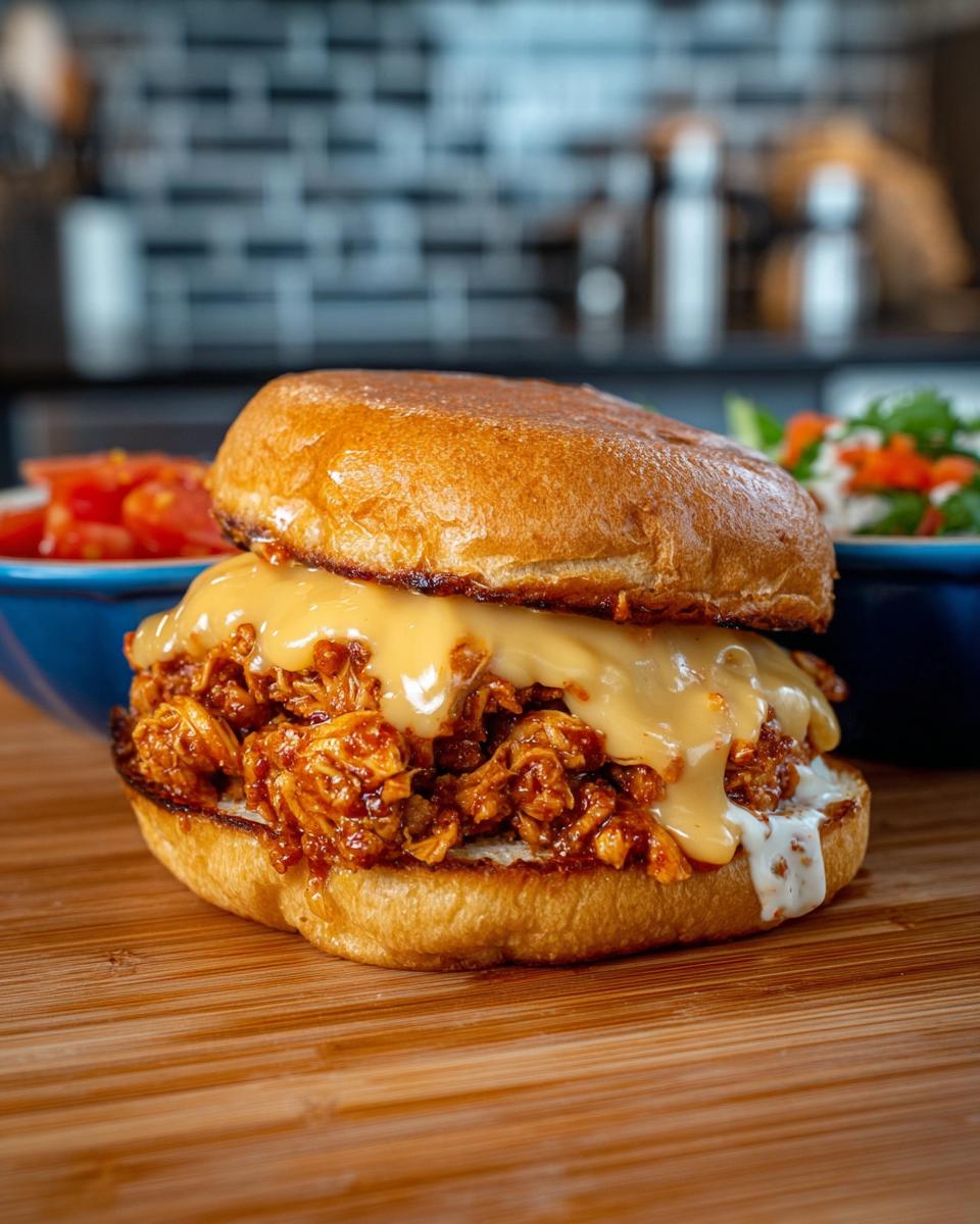 A delicious Cajun Chicken Sloppy Joe sandwich topped with creamy cheese sauce on a toasted bun.