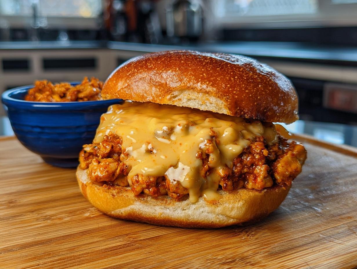 A close-up of a Cajun Chicken Sloppy Joe sandwich overflowing with creamy cheese sauce, served with a side of filling in a blue bowl.