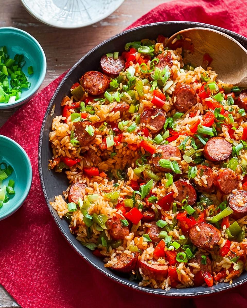 A close-up overhead view of a Cajun Sausage and Rice Skillet filled with rice, sliced sausage, bell peppers, and green onions.