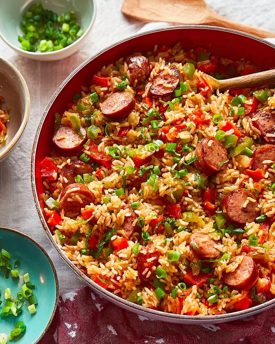 A close-up overhead view of a vibrant Cajun Sausage and Rice Skillet, filled with rice, sausage slices, bell peppers, and green onions.