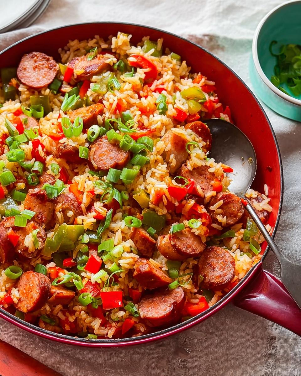A close-up of a Cajun Sausage and Rice Skillet, filled with rice, sausage slices, bell peppers, and green onions.