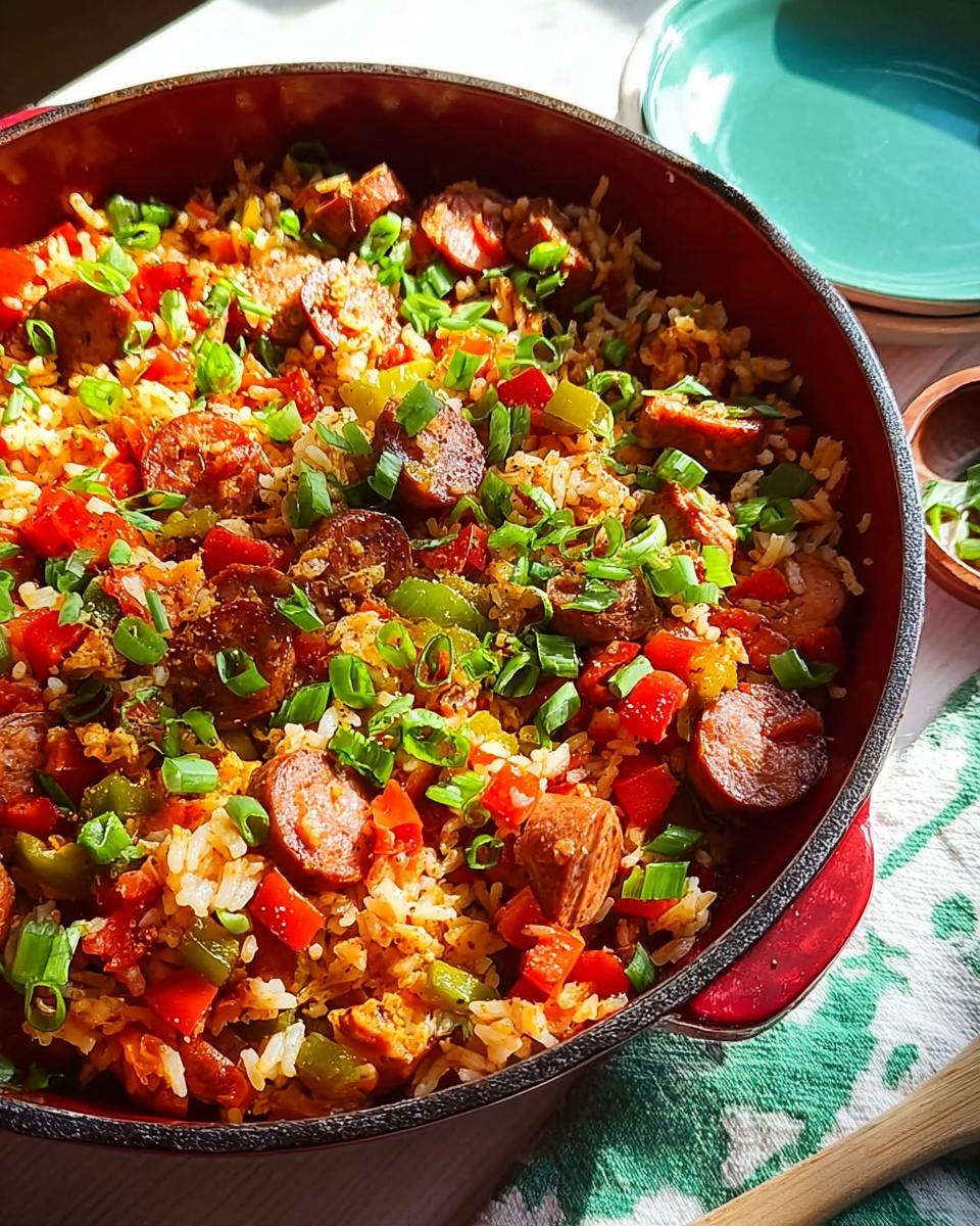 A close-up view of a hearty Cajun Sausage and Rice Skillet in a red pot, garnished with green onions.