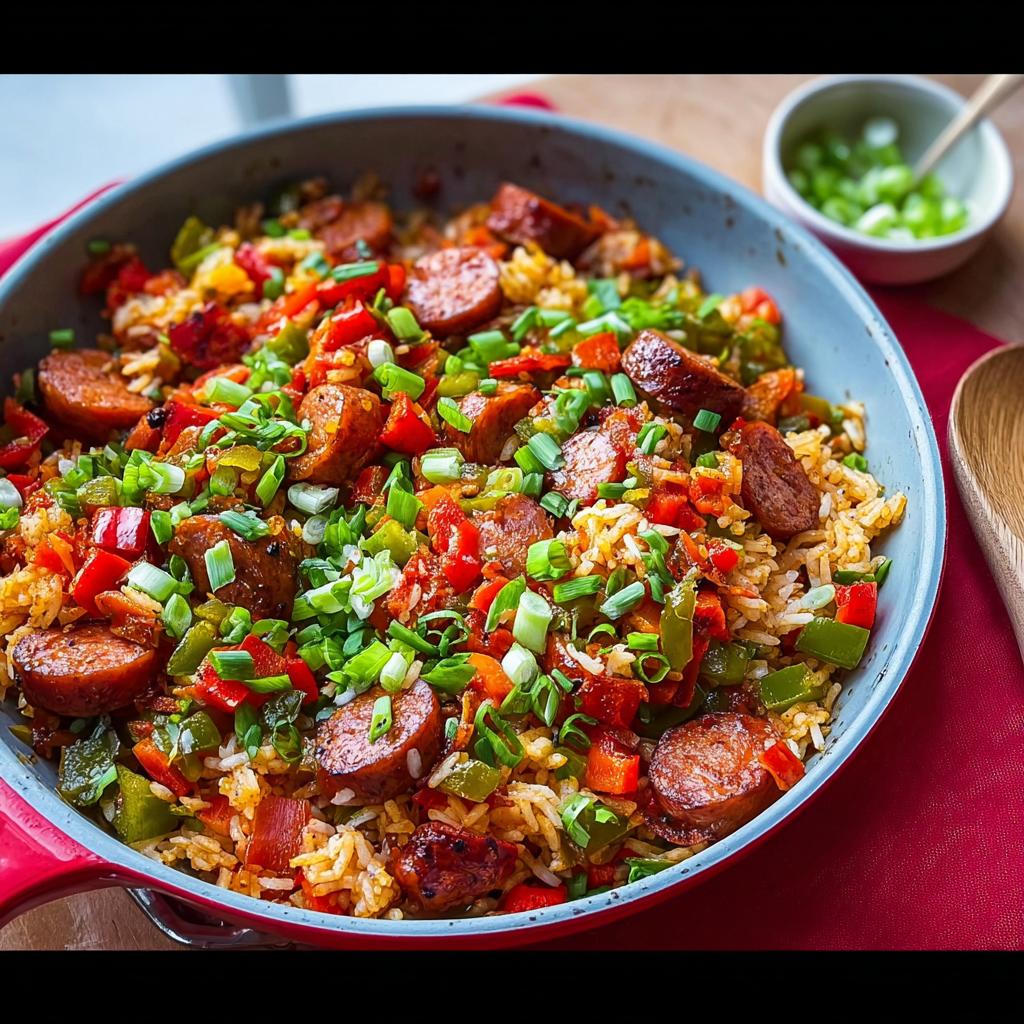 A close-up of a Cajun Sausage and Rice Skillet, filled with rice, sausage slices, bell peppers, and green onions.
