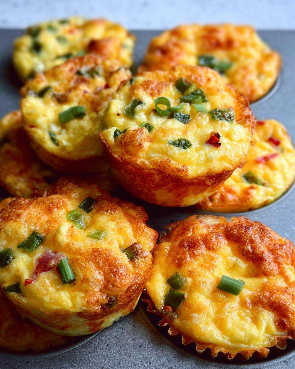 Close-up of golden-brown Cheesy Muffin Tin Cottage Cheese Egg Bites topped with green onions in a muffin tin.