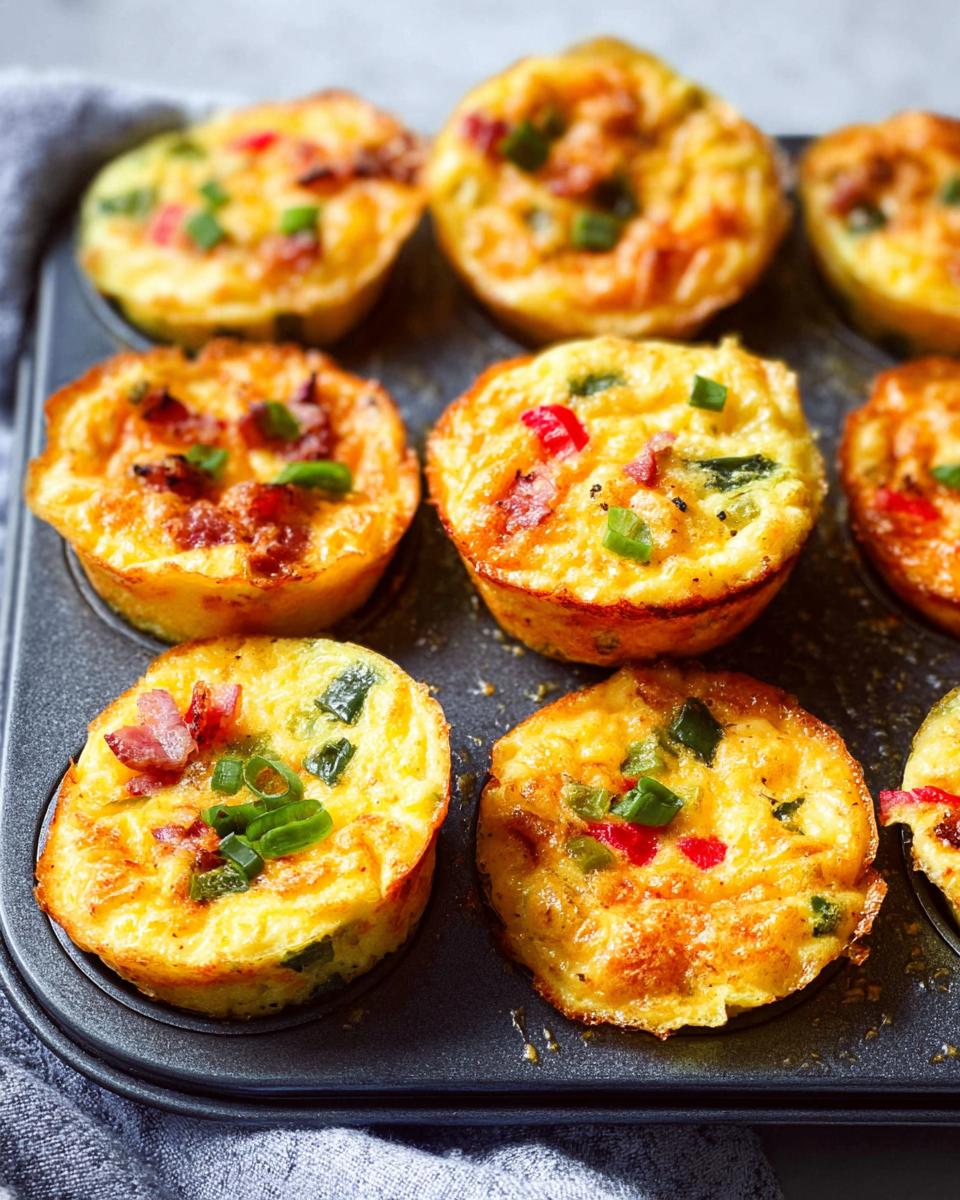 Close-up of golden brown Cheesy Muffin Tin Cottage Cheese Egg Bites in a muffin tin, topped with green onions and bacon.
