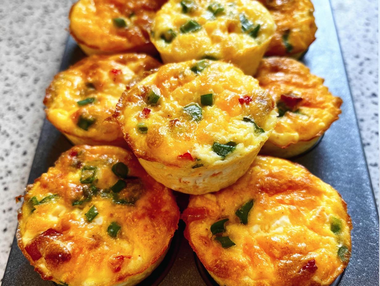 A close-up of several golden-brown Cheesy Muffin Tin Cottage Cheese Egg Bites with visible green onions and red peppers.