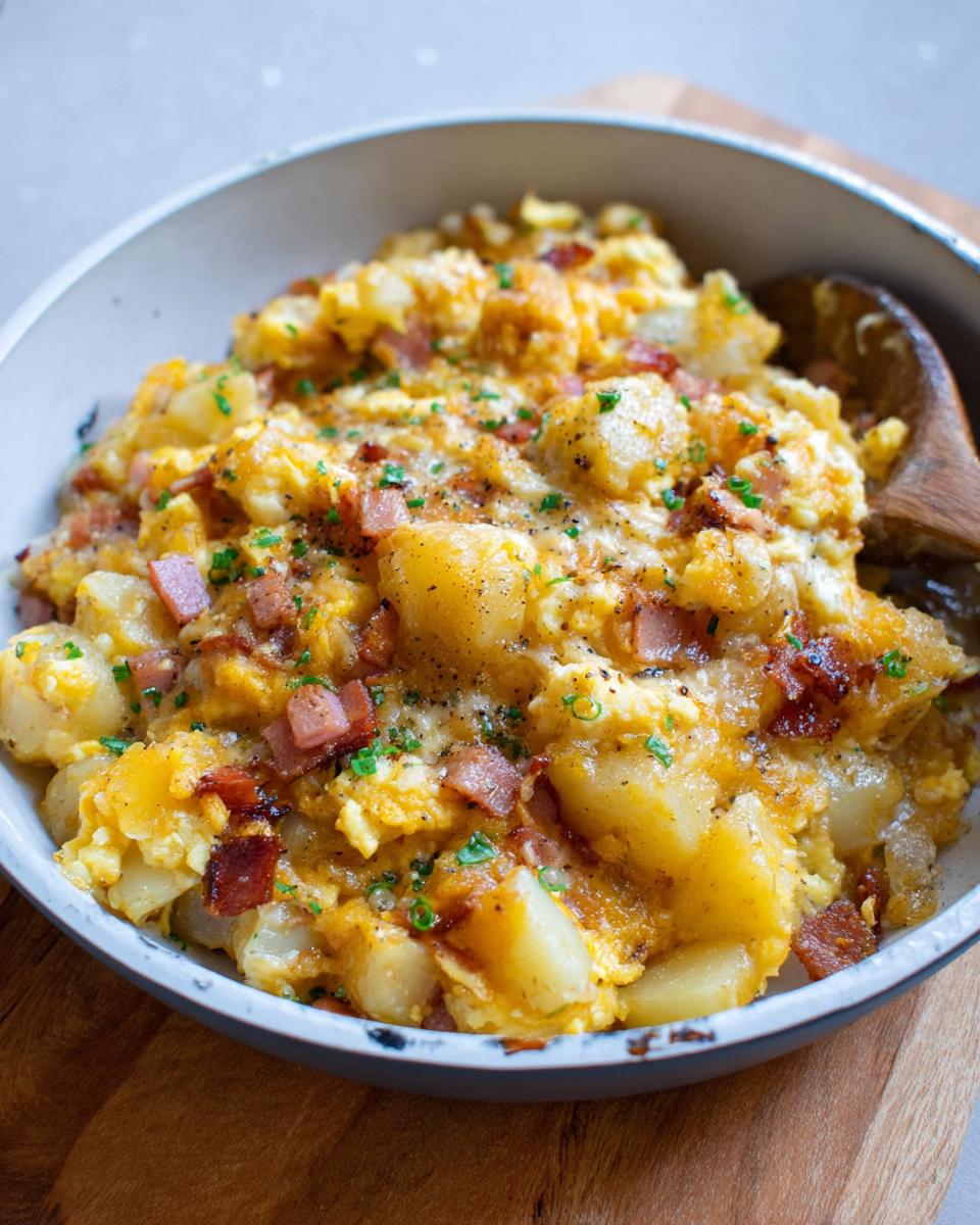 A hearty bowl of Cheesy Potato Egg Scramble mixed with crispy bacon bits and fresh parsley.