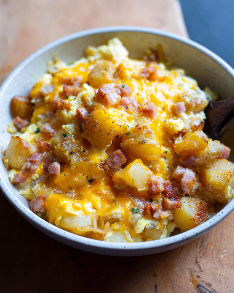 A close-up of a bowl filled with Cheesy Potato Egg Scramble, topped with melted cheddar cheese and diced bacon.
