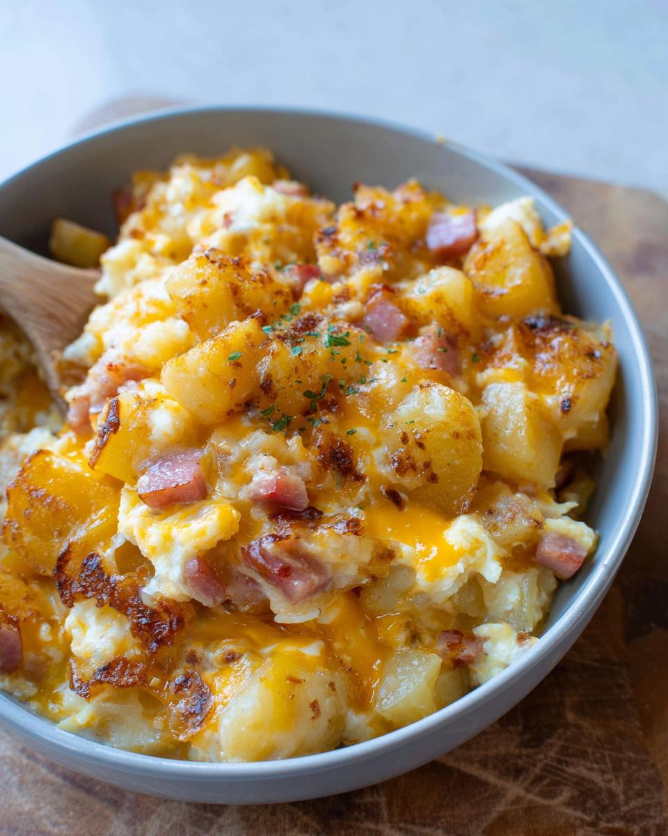 A close-up of a bowl filled with a hearty Cheesy Potato Egg Scramble, featuring chunks of potato, scrambled eggs, and diced ham, topped with melted cheese and parsley.