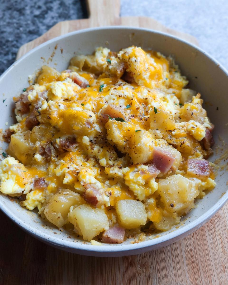 A close-up of a Cheesy Potato Egg Scramble in a bowl, featuring scrambled eggs, diced potatoes, and melted cheddar cheese.