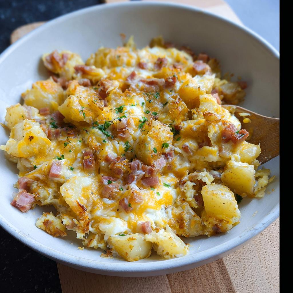 Close-up of a bowl filled with a Cheesy Potato Egg Scramble, featuring potatoes, scrambled eggs, diced ham, and melted cheese, garnished with parsley.