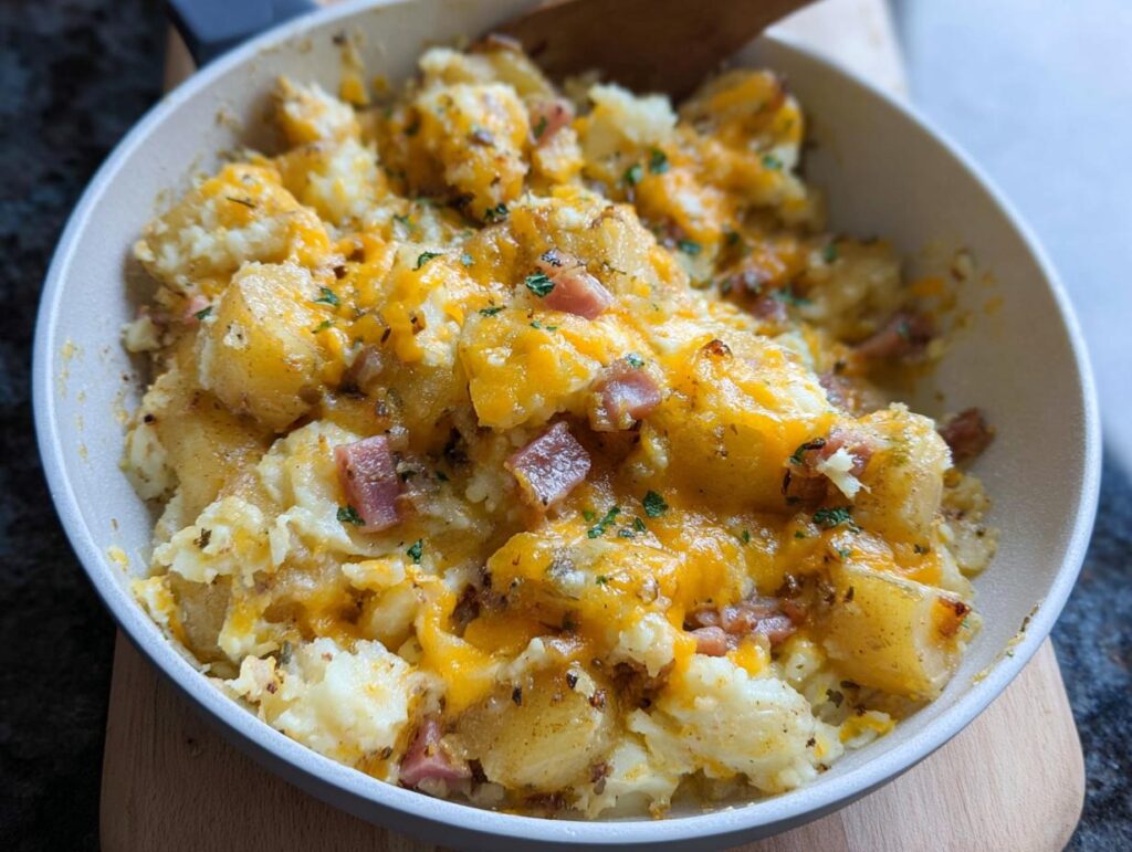 A close-up of a Cheesy Potato Egg Scramble in a pan, topped with melted cheddar cheese and herbs.