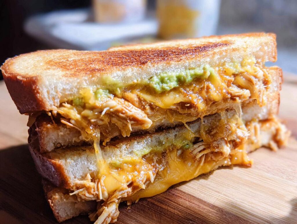 A close-up of a Chicken Avocado Melt Sandwich, showcasing melted cheese, shredded chicken, and avocado.