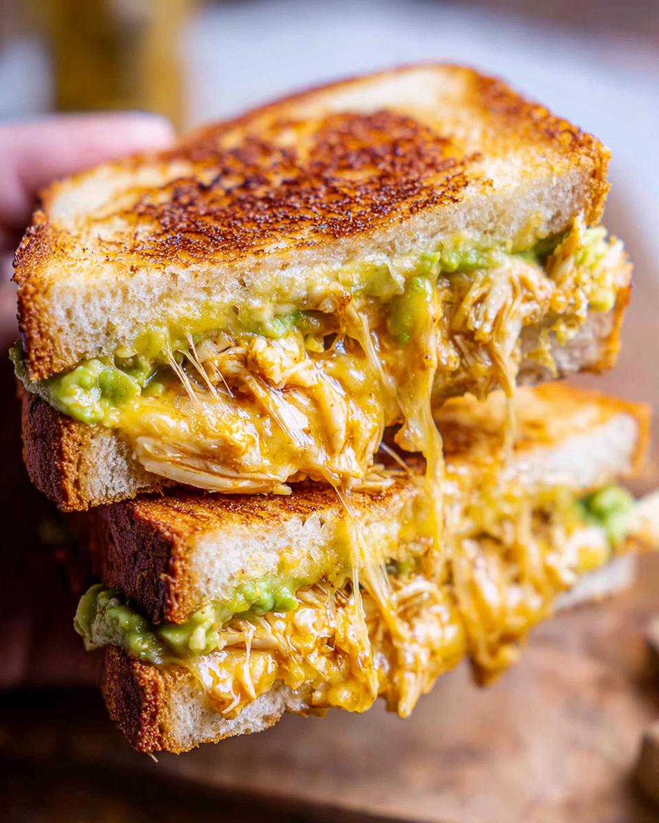 A stacked Chicken Avocado Melt Sandwich with melted cheese oozing out, showcasing the creamy avocado and shredded chicken.