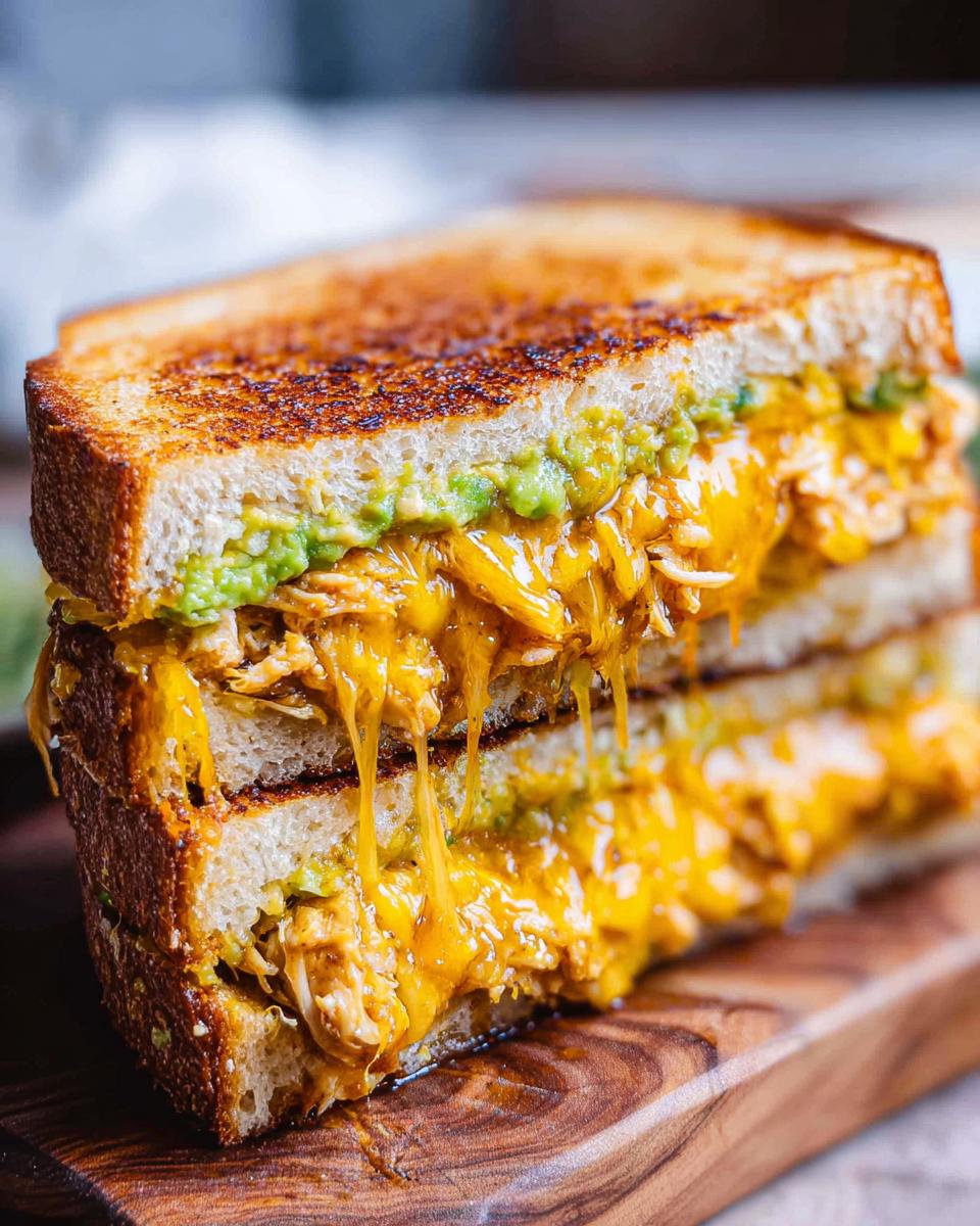 A close-up of a delicious Chicken Avocado Melt Sandwich with gooey melted cheese dripping down.
