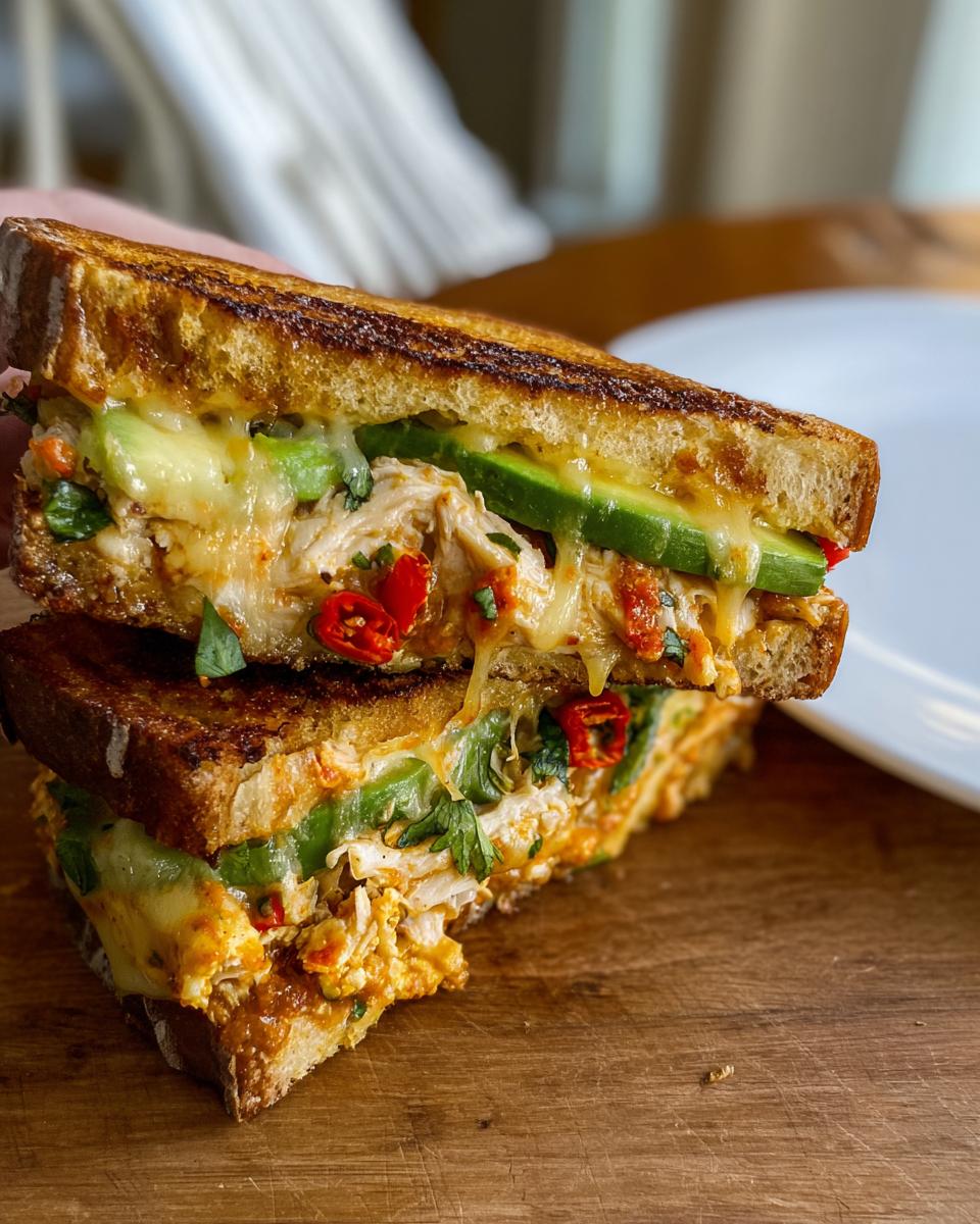 A close-up of a perfectly grilled CHICKEN AVOCADO MELT SANDWICH, oozing with cheese and filled with avocado slices, chicken, and red chili peppers.