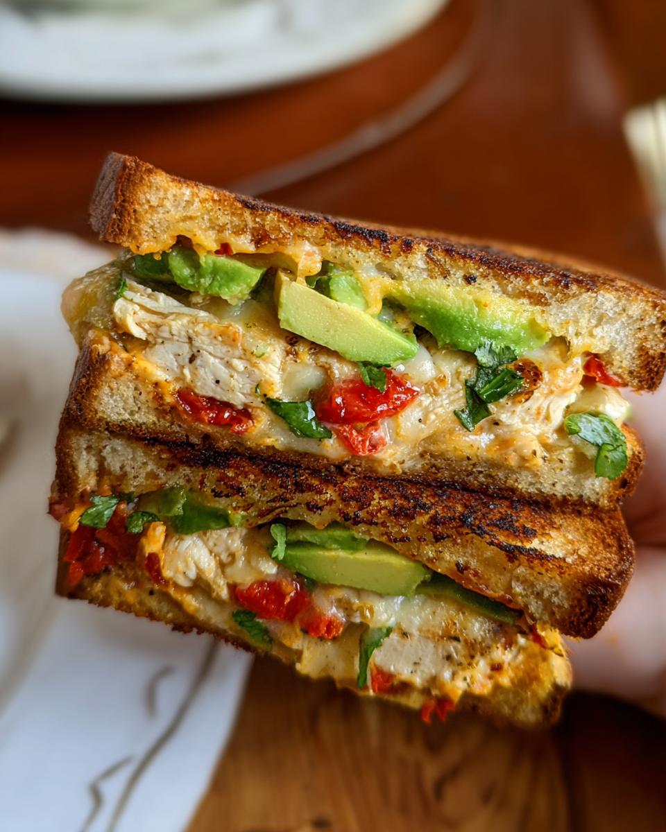 A close-up of a perfectly grilled CHICKEN AVOCADO MELT SANDWICH, oozing with cheese and filled with chicken, avocado, and tomatoes.