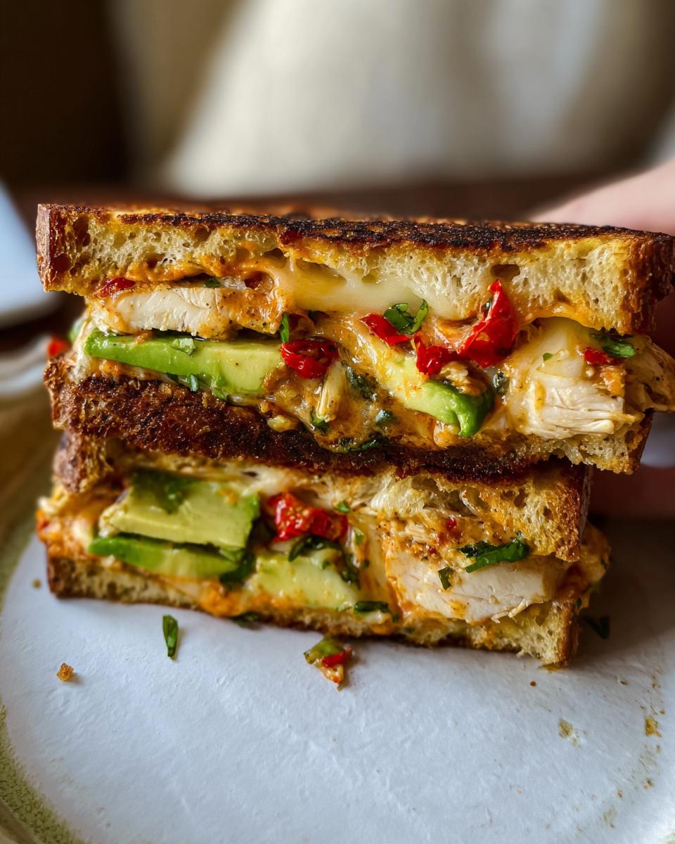 Close-up of a grilled CHICKEN AVOCADO MELT SANDWICH, showing layers of chicken, avocado, cheese, and red peppers.