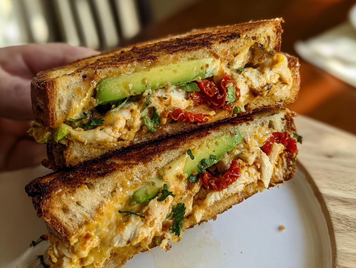 A close-up of a perfectly grilled CHICKEN AVOCADO MELT SANDWICH, revealing layers of chicken, avocado, and sun-dried tomatoes.