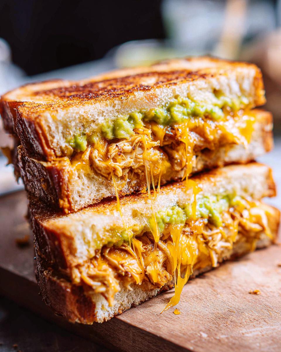 Close-up of a stacked Chicken Avocado Melt Sandwich with gooey melted cheese and avocado.