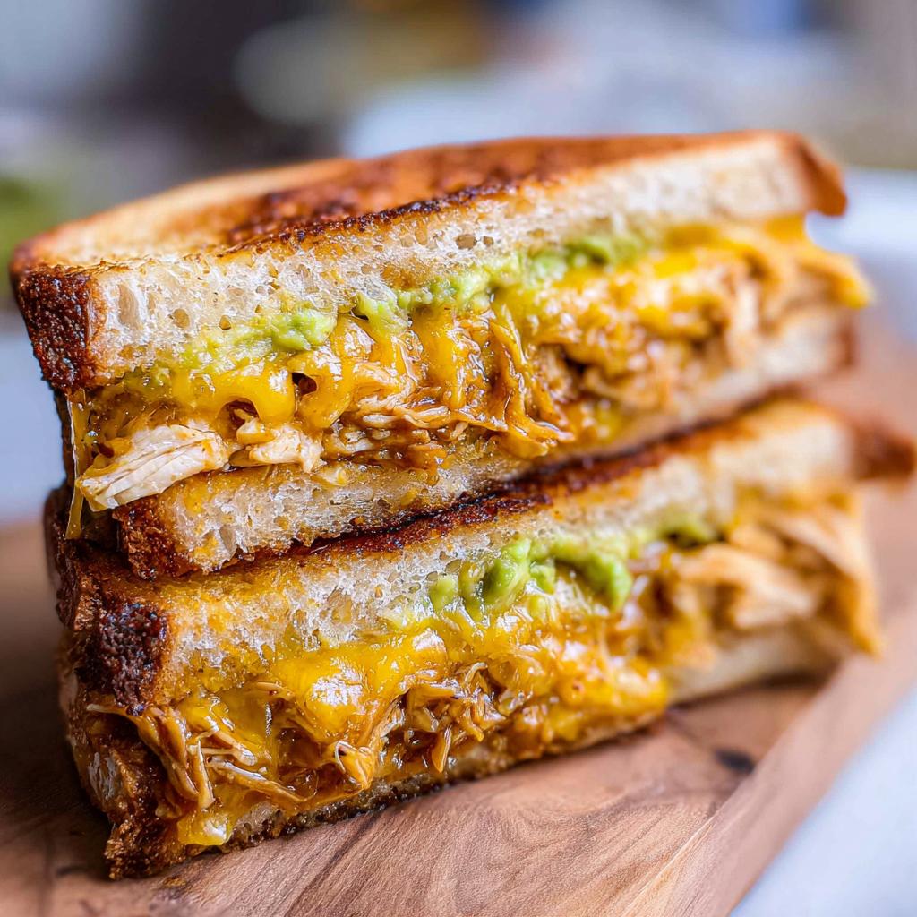 Close-up of a delicious Chicken Avocado Melt Sandwich, with melted cheese and creamy avocado.