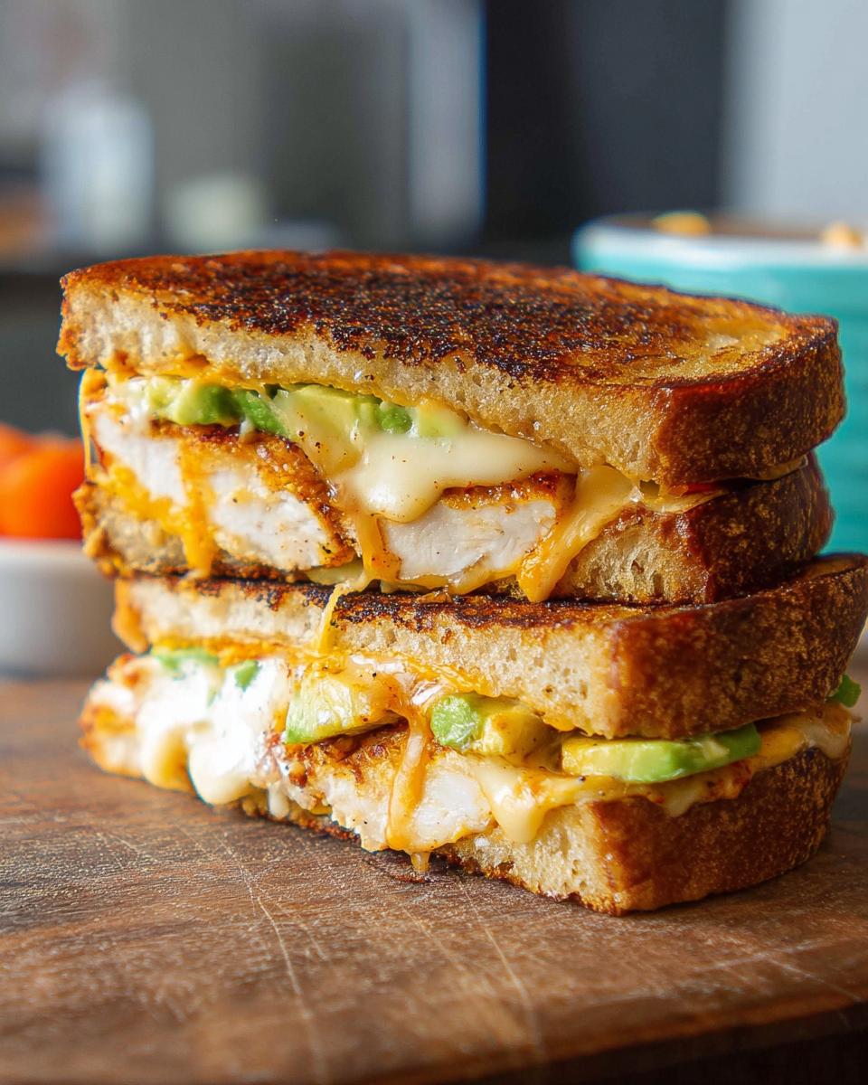A stack of two perfectly grilled Chicken Avocado Melt Sandwiches with melted cheese and avocado slices.