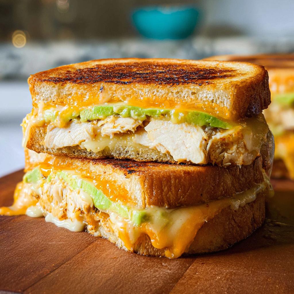 A stacked Chicken Avocado Melt Sandwich with melted cheese and fresh avocado slices on toasted bread.