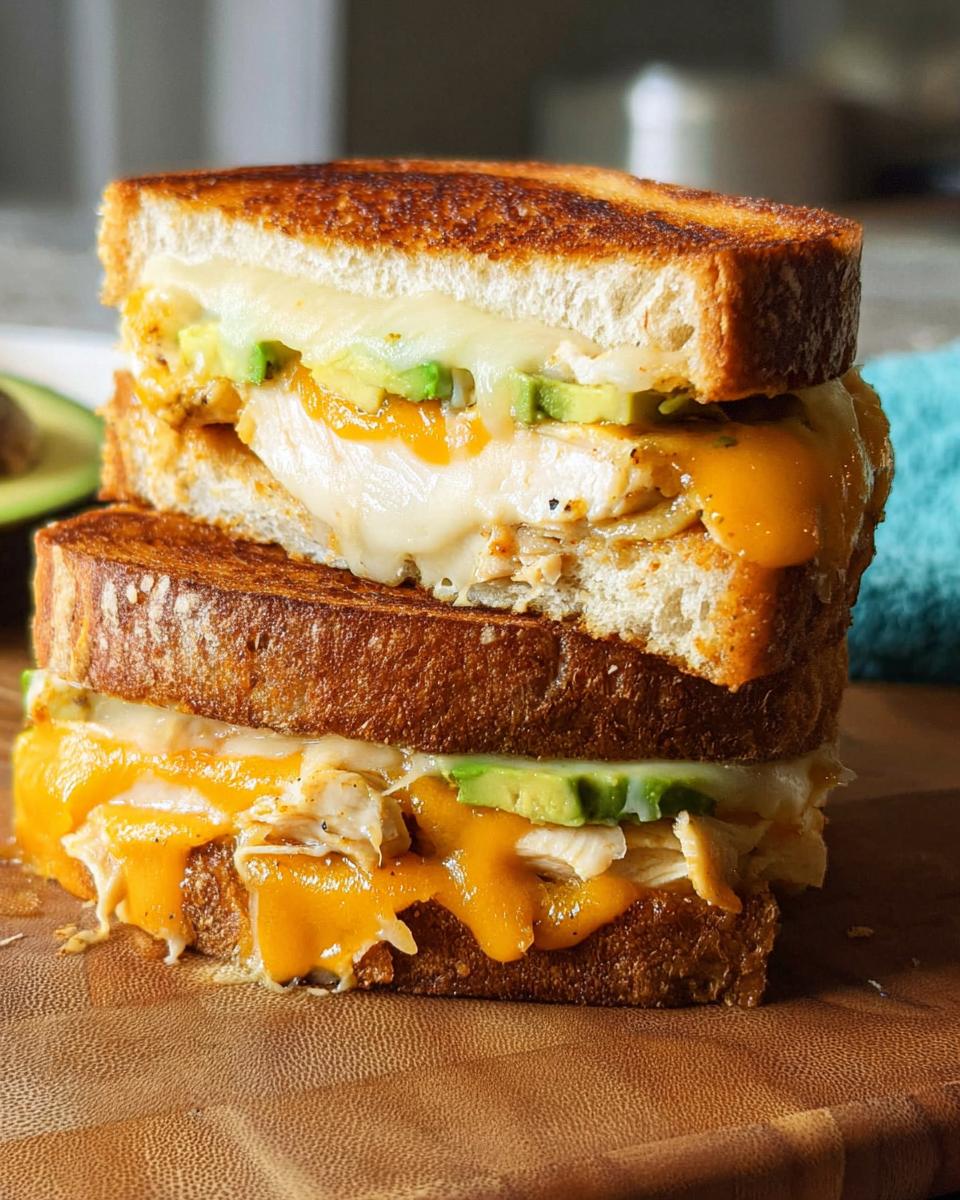 A tall stack of two halves of a Chicken Avocado Melt Sandwich, featuring melted cheese, chicken, and avocado slices on toasted bread.