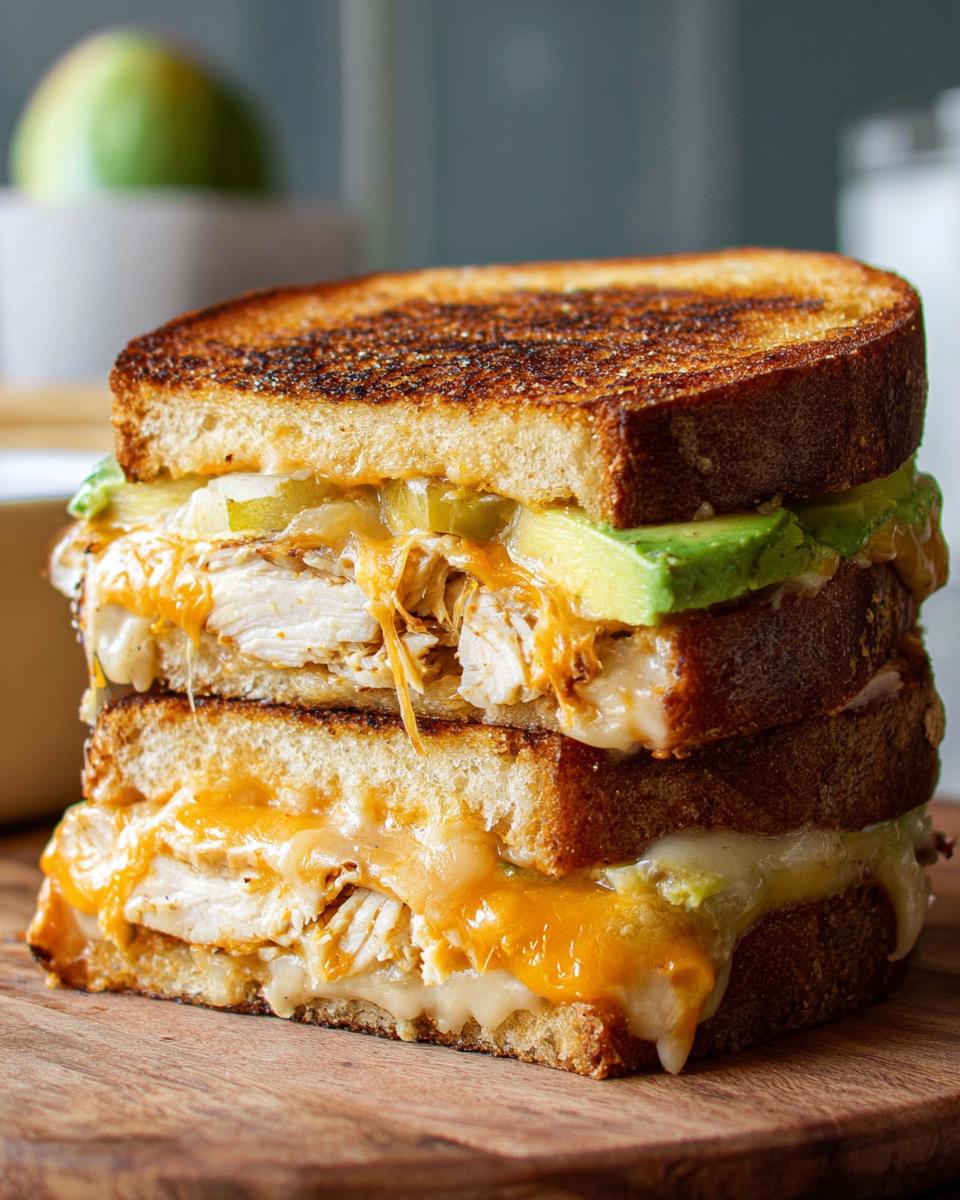A tall Chicken Avocado Melt Sandwich stacked high with toasted bread, shredded chicken, melted cheese, and avocado slices.