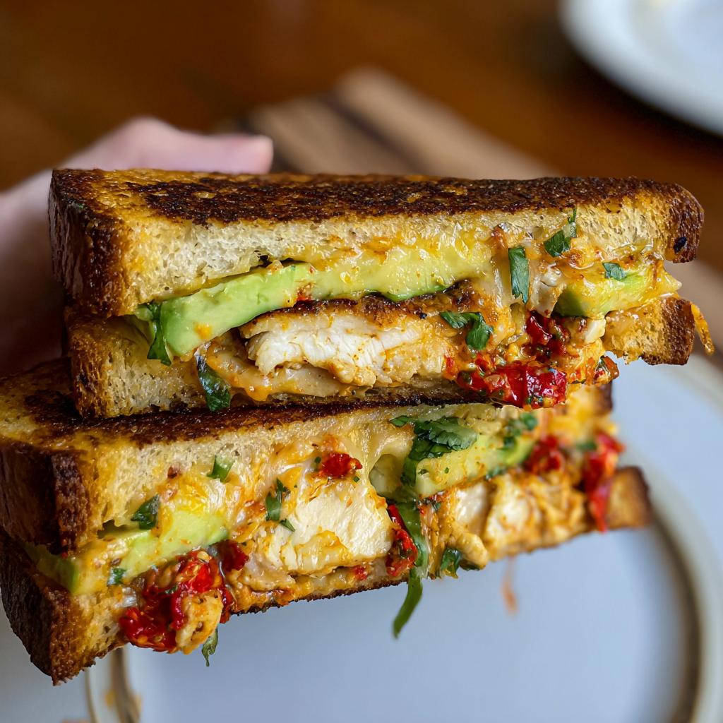 A close-up of a stacked CHICKEN AVOCADO MELT SANDWICH, showing grilled bread, chicken, avocado, and melted cheese.