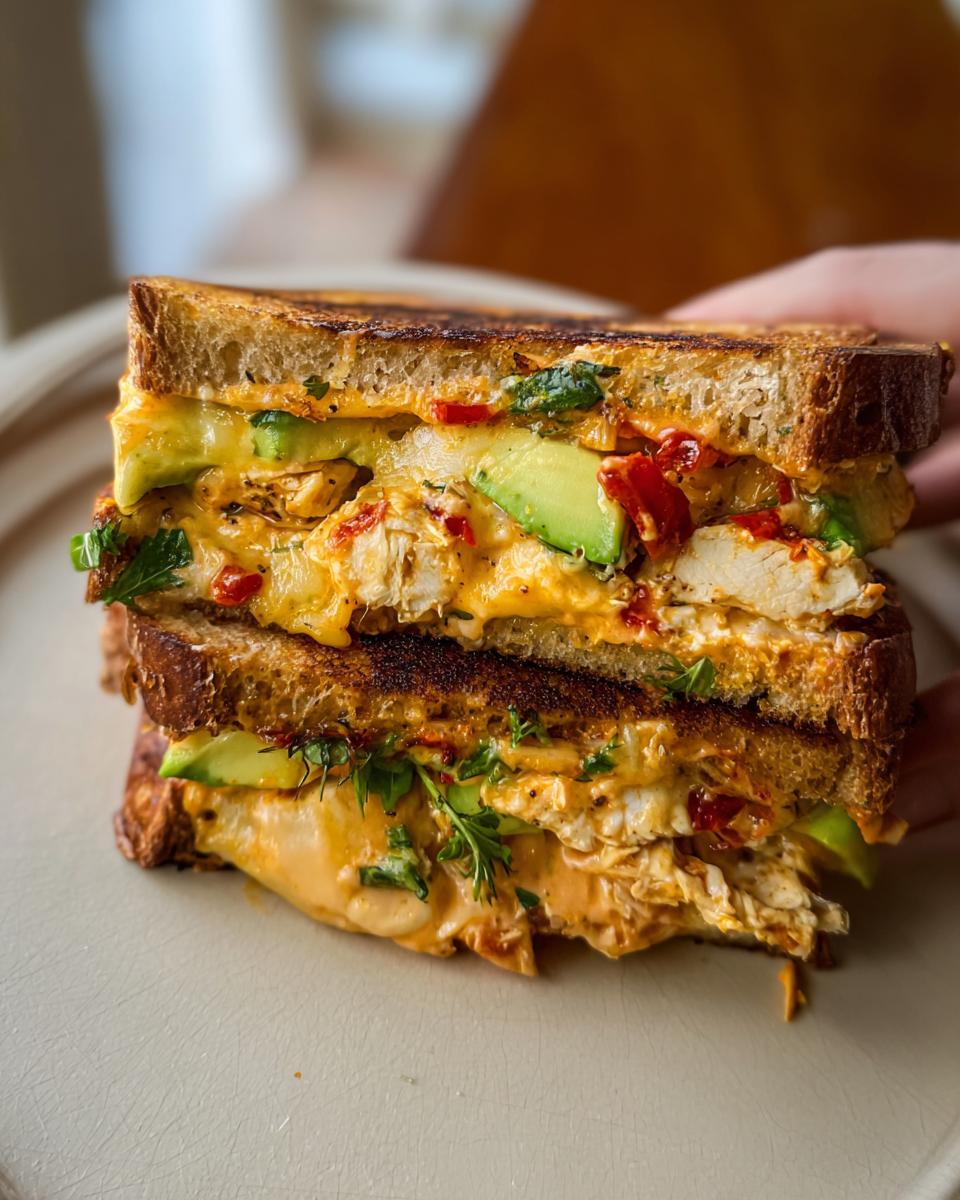A close-up of a stacked CHICKEN AVOCADO MELT SANDWICH with melted cheese, chicken, and avocado slices.