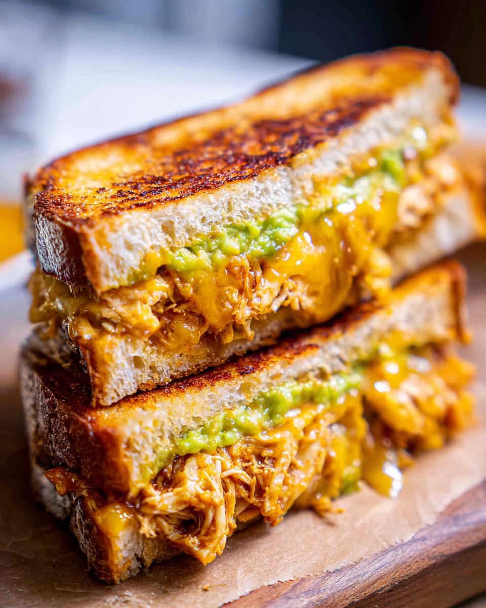 A close-up, stacked view of two halves of a Chicken Avocado Melt Sandwich, showing gooey melted cheese and shredded chicken.