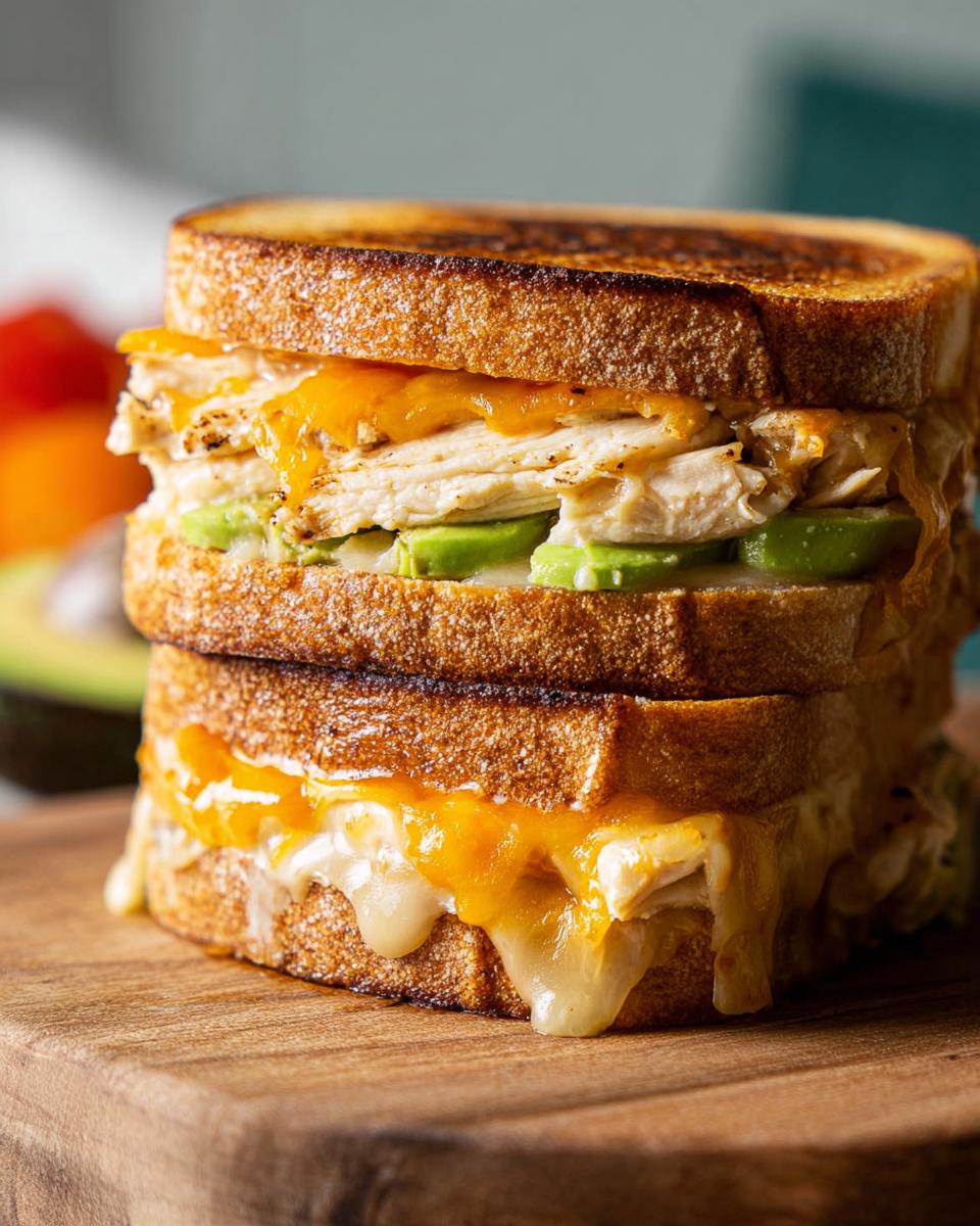 A stacked Chicken Avocado Melt Sandwich with melted cheese, sliced avocado, and grilled chicken on toasted bread.
