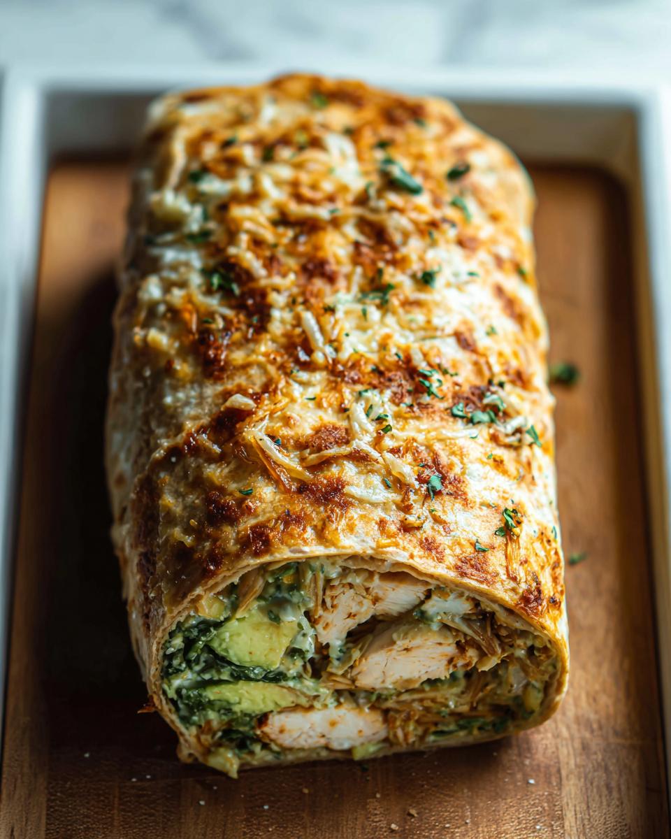 A close-up of a baked Chicken Avocado Ranch Burrito, showing layers of chicken, avocado, and creamy ranch filling, topped with melted cheese and herbs.