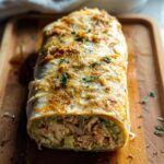 A baked Chicken Avocado Ranch Burrito topped with melted cheese and fresh parsley, served on a wooden board.