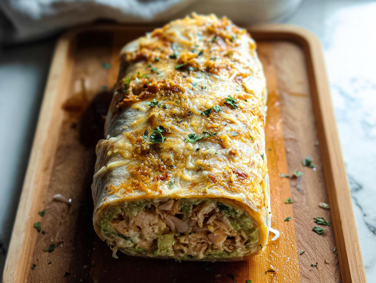 A baked Chicken Avocado Ranch Burrito topped with melted cheese and fresh parsley, served on a wooden board.