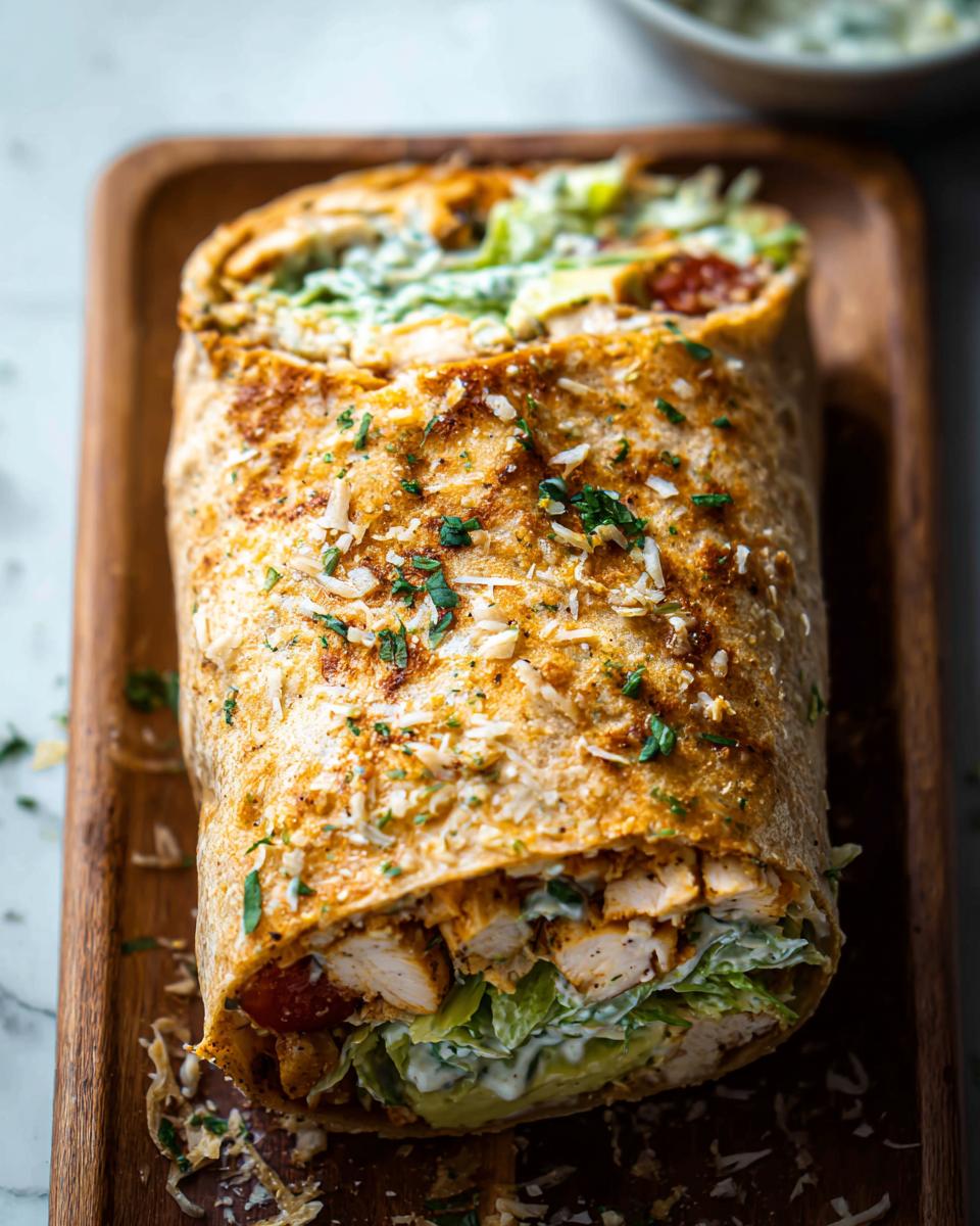 A delicious Chicken Avocado Ranch Burrito, sliced to show the filling of chicken, avocado, lettuce, and ranch dressing.