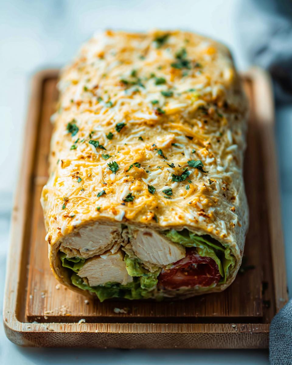 A close-up of a Chicken Avocado Ranch Burrito, showing tender chicken, fresh lettuce, tomato, and creamy avocado filling.