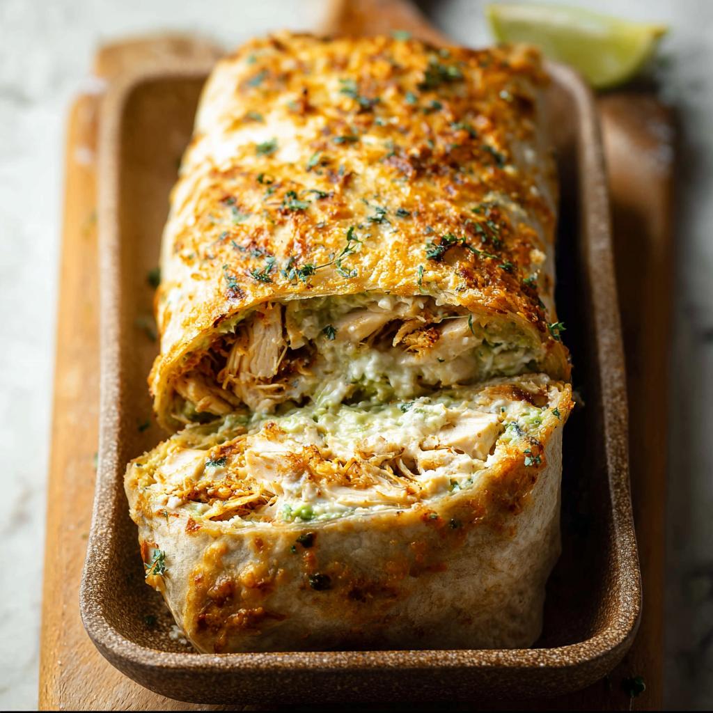 A close-up of a sliced Chicken Avocado Ranch Burrito, showing shredded chicken and creamy avocado ranch filling.