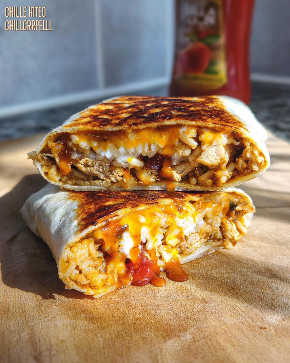 A close-up of a grilled Chicken Crunch Wrap, cut in half, revealing rice, chicken, and melted cheese.
